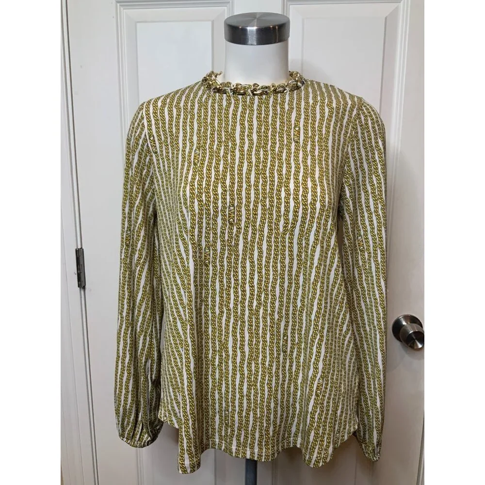 Michael Kors White & Gold Chain Print Top W/ Chain Neck $125, Size S, NWT!